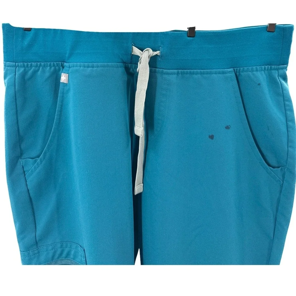 FIGS Zamora Jogger Pants‎ Size S Teal Scrub Mid Rise Cargo Pocket Zip Flawed